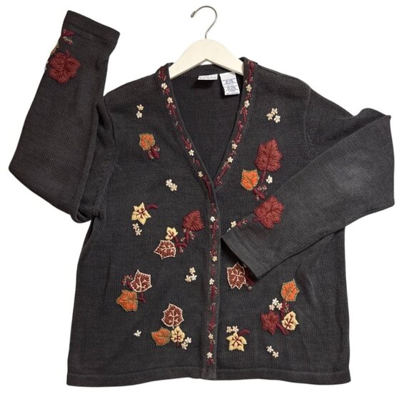 Vintage Bobbie Brooks Womens Gray Fall Cardigan Sweater Embroidered Sz XL 16/18 - Picture 14 of 15